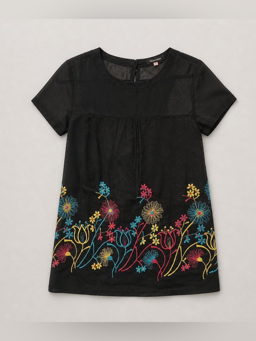 Black Midi Dress with Colorful Embroidered Floral Hem